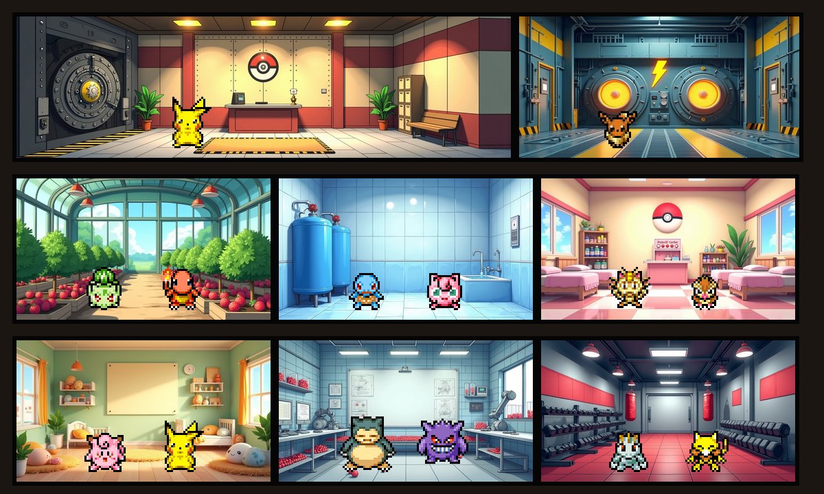 A Poké Shelter vault: the entrance hall, a power generator, a berry field, a water station, a Pokémon Center, a nursery, a lab and a gym, with Pikachu, Bulbasaur, Charmander, Squirtle, Snorlax and Gengar at work